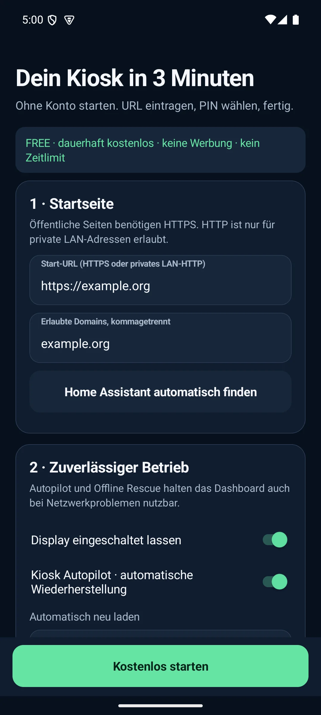 KioskPilot Einrichtungsassistent auf einem Tablet
