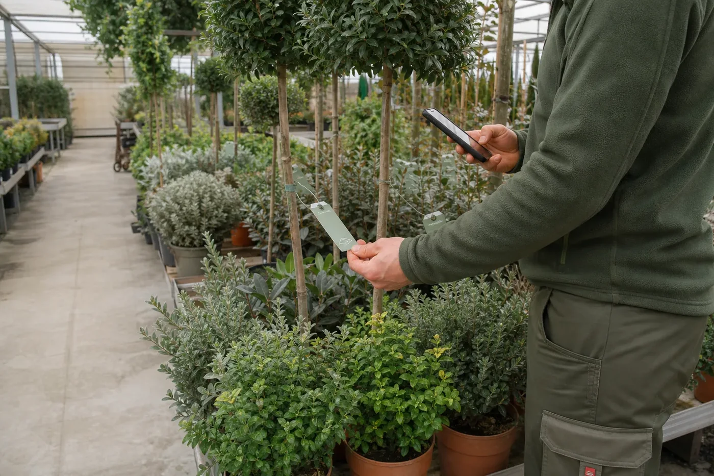 Eine Mitarbeiterin in einer Gärtnerei scannt eine Pflanze mit digitalem PLANT-ID-Tag