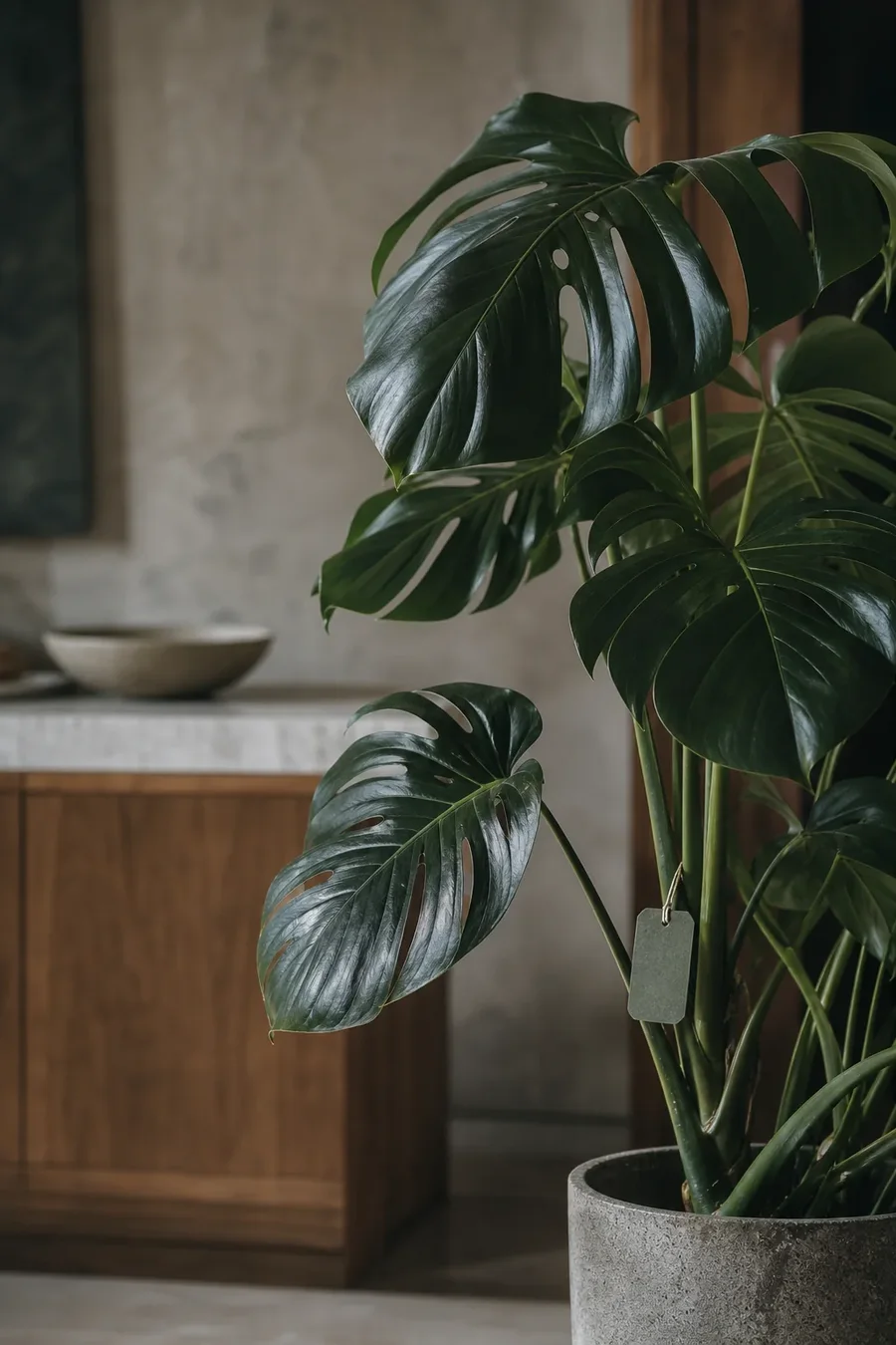 Monstera mit PLANT-ID-Tag in einem Wohnraum