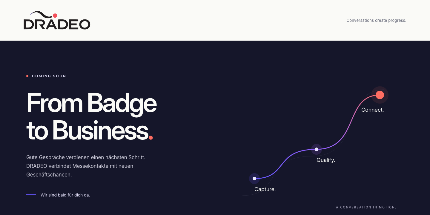 DRADEO Website mit dem Claim From Badge to Business
