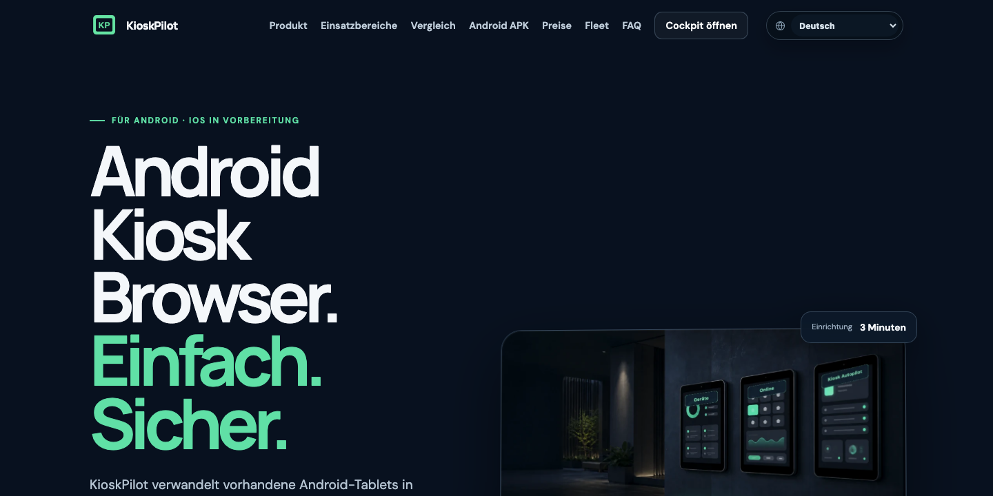 Website von KioskPilot mit Produktansicht des Kiosk-Browsers