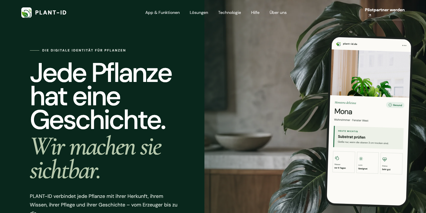 Website von PLANT-ID mit digitalem Pflanzenprofil