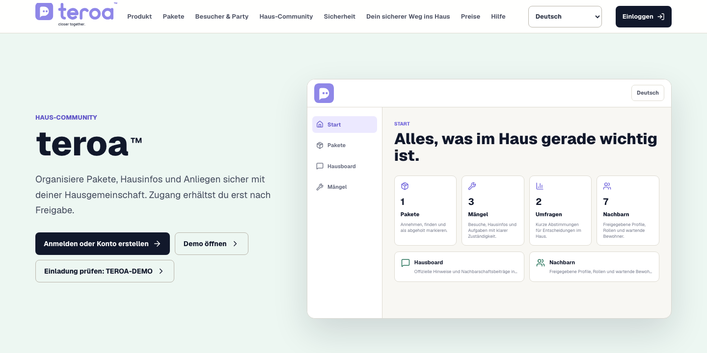 Website von TEROA mit der digitalen Haus-Community