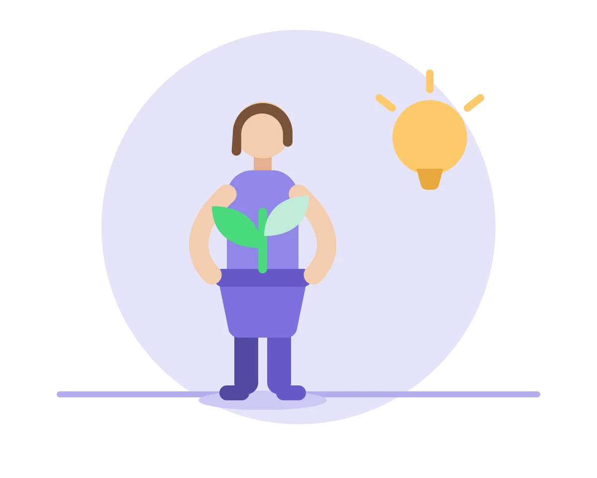 Illustration einer Bewohnerin mit einer Pflanze und einer Idee
